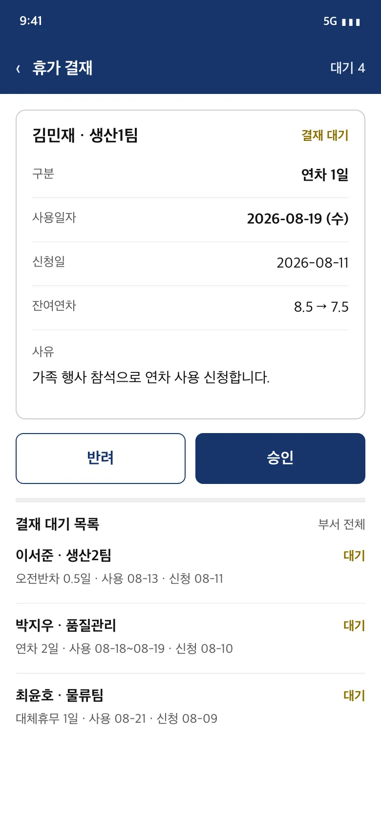 휴가 결재 — 신청 내용 확인 후 승인·반려, 부서 결재 대기 목록