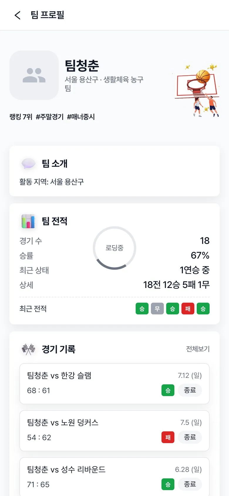 할래말래 팀 프로필 — 팀 소개·전적·승률·경기 기록