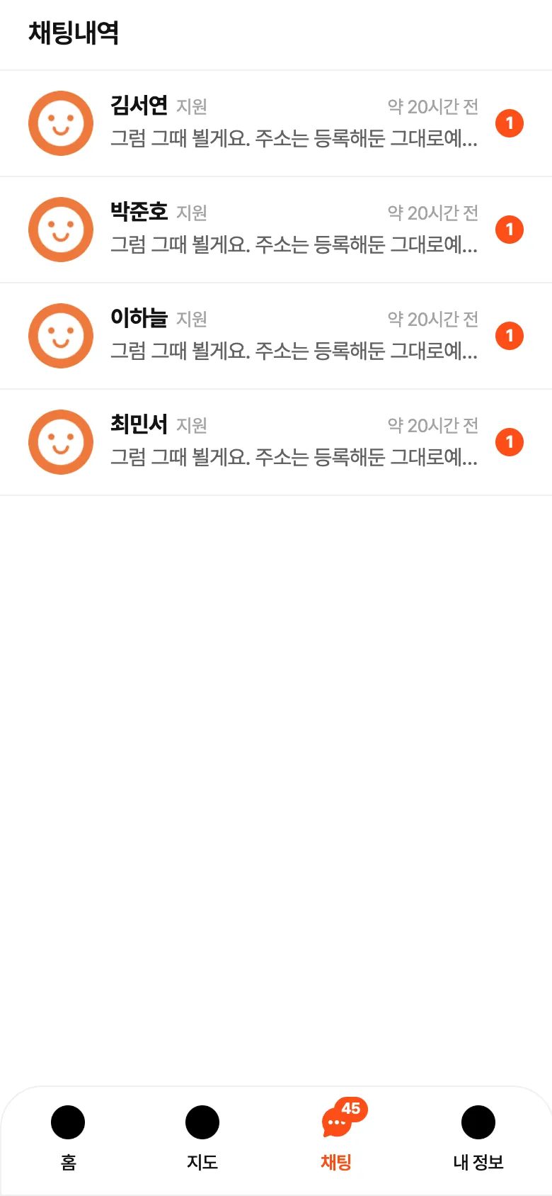 채팅 목록 — 지원·의뢰별 대화방과 안 읽은 메시지 수