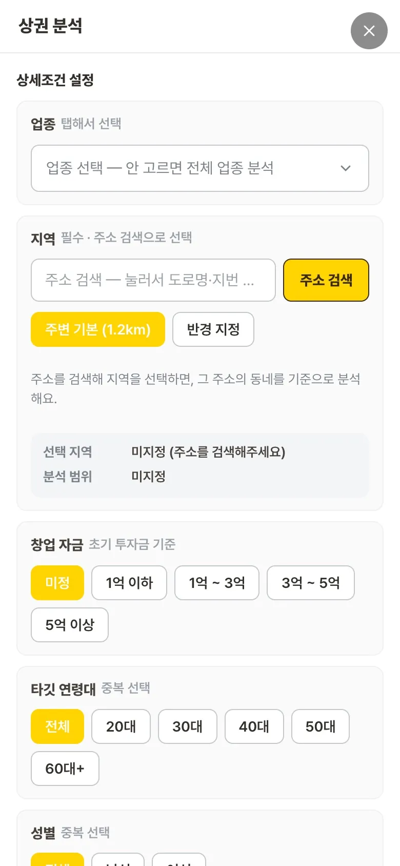 분석 조건 입력 — 업종, 지역 주소 검색, 창업 자금, 타깃 연령대 선택