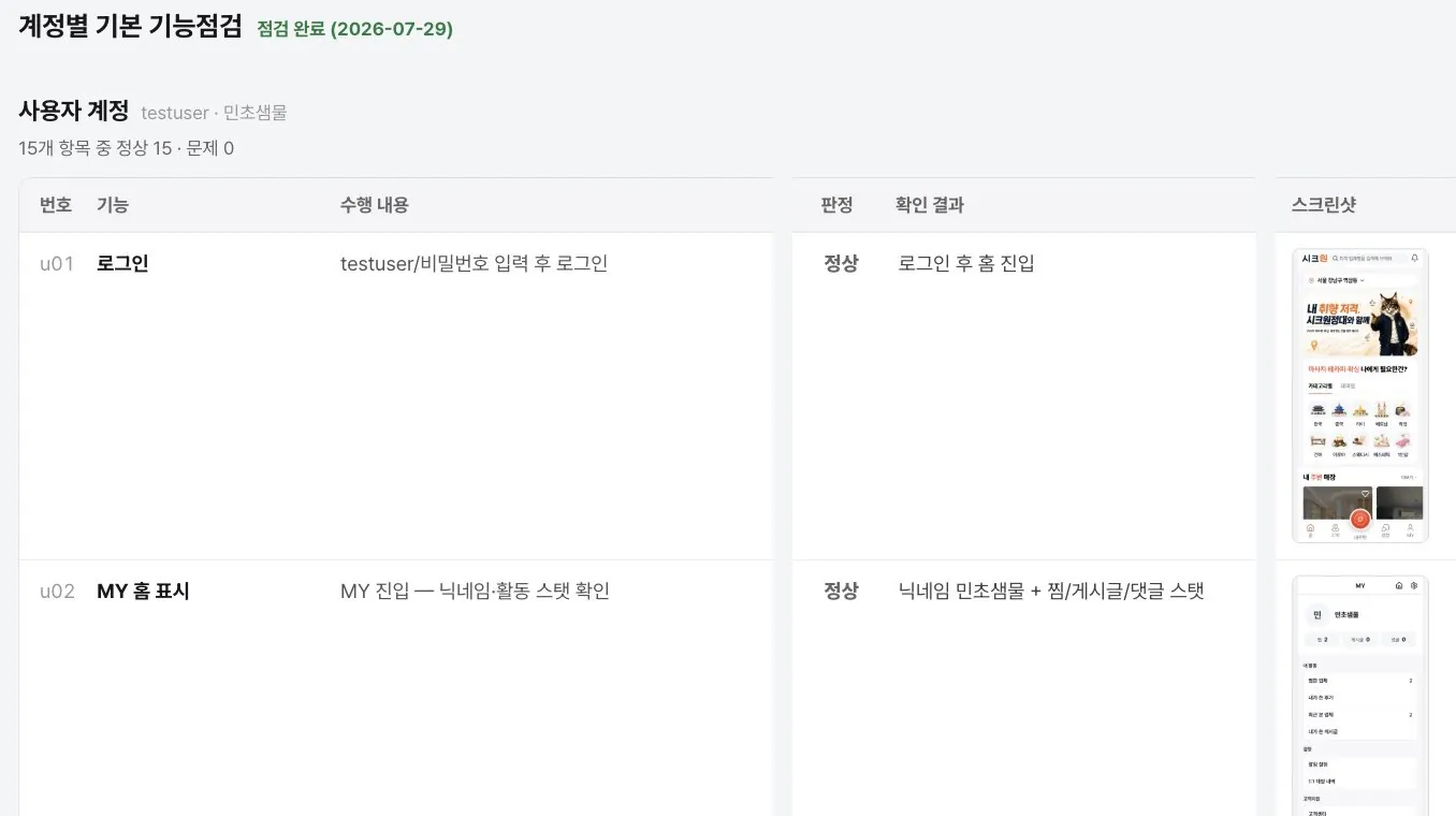 점검 카테고리 목록과 기능별 점검표 — 항목마다 수행 내용, 판정, 확인 결과와 증거 스크린샷을 기록한 화면