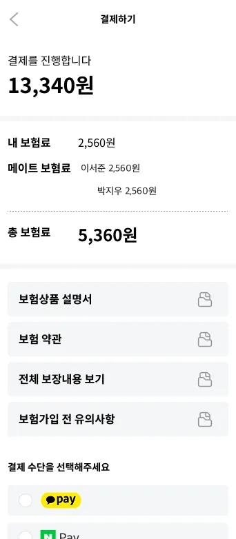 보험료 결제 — 본인과 동행 보험료 합산 후 결제 수단 선택